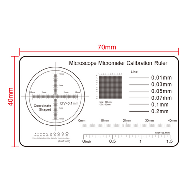 40mm/80 Div, 1.5Inch/30 Div, 20mm/200 Div, 10x10mm/100x100 Net Grid Line Gauge, SKU RT02412105, three quarter front view