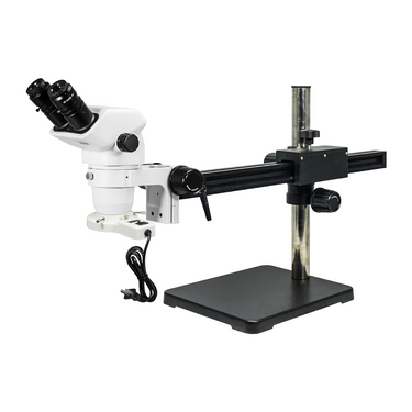 6.7-45X Ball Bearing Boom Stand Fluorescence Light Binocular Zoom Stereo Microscope, SKU SZ02061425, three quarter front view