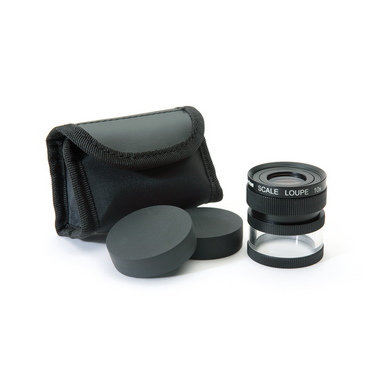 16mm/160 Div 10X Adjustable Magnifier with Scale, SKU Ideal-M12102, three quarter front view