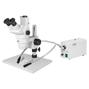 6.7-45X Post Stand Halogen Light Trinocular Zoom Stereo Microscope, SKU SZ02020233, three quarter front view