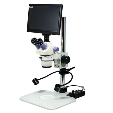 2.0 Megapixels 7-30X CMOS LED Light Post Stand Trinocular Zoom Stereo Microscope, SKU SZ02080233, three quarter front view