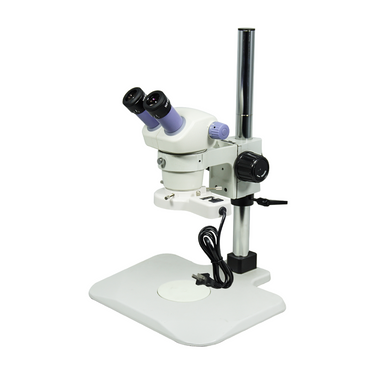 7-30X Post Stand Fluorescence Light Binocular Zoom Stereo Microscope, SKU SZ02080222, three quarter front view