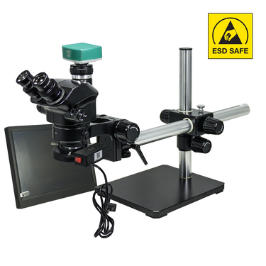 2.0 Megapixels 7-50X CMOS ESD Safe Boom Stand Fluorescence Light ESD Trinocular Zoom Stereo Microscope, SKU SZ02090453, three quarter front view