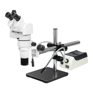 8-50X Halogen Light Boom Stand Trinocular Parallel Zoom Stereo Microscope, SKU PZ02040454, three quarter front view