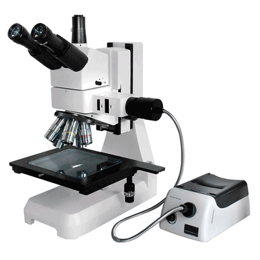20X-500X Metallurgical Microscope, Trinocular, Halogen Fiber Optic Illuminator + Polarizing Kit, SKU MT02020303, three quarter front view