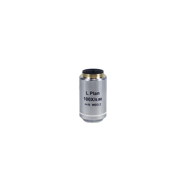 Objective Working Distance 3.2mm 100X Infinity Plan Long Working Distance Achromatic Metallurgical Objective, SKU MT02513831, three quarter front view
