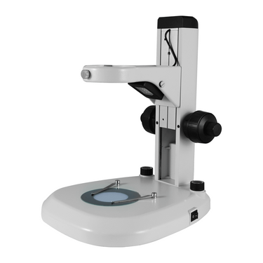 Microscope Track Stand, 76mm Fine Focus Rack, Top and Bottom LED Light (Dimmable), SKU ST04040401, three quarter front view