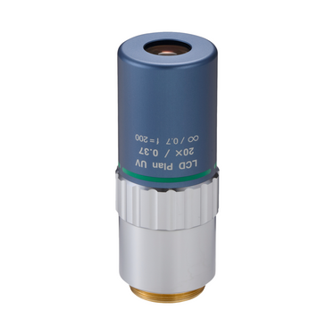 Objective Working Distance 14.98mm 20X LCD Infinity Long Working Distance Plan Apochromatic UV Objective, SKU Mitutoyo-378-892-8, three quarter front view