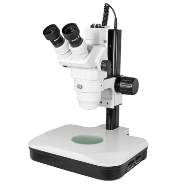 6.7-45X Track Stand HF Dual Illuminated Light Trinocular Zoom Stereo Microscope, SKU SZ02020032, three quarter front view