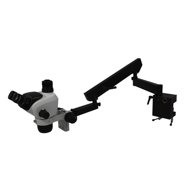6.6X-51X Widefield Zoom Stereo Microscope, Trinocular, Flexible Articulating Arm Table Clamp, SKU SZ02050631, three quarter front view