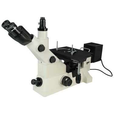 50X-1000X Inverted Metallurgical Microscope, Trinocular, Halogen Light, Dark Field + Polarizing Kit, SKU MT04070303, three quarter front view