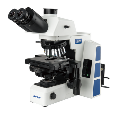 40-1000X LED Coaxial Transmitted Light XY Stage Travel Distance 80x55mm Trinocular Biological Microscope, SKU BM05230303, three quarter front view