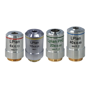 Infinity-Corrected Long Working Distance Plan Achromatic Microscope Objective Lens Set 4X 10X 20X 40X, SKU BM05133031, three quarter front view