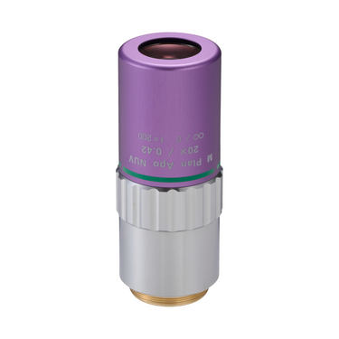 Objective Working Distance 17mm 20X Infinity Long Working Distance Plan Apochromatic NUV Objective, SKU Mitutoyo-378-817-8, three quarter front view