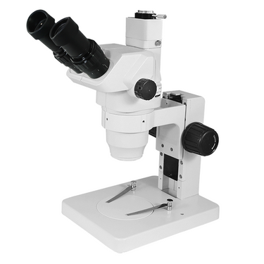 6.5X-45X Super Widefield Zoom Stereo Microscope, Trinocular, Track Stand (Track Length 185mm), SKU SZ02020070, three quarter front view