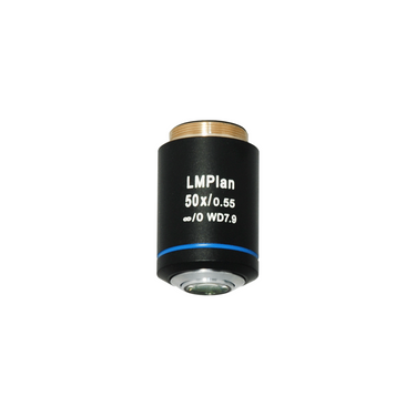 Objective Working Distance 7.9mm 50X Infinity Long Working Distance Plan Achromatic Metallurgical Objective, SKU MT05113651, three quarter front view