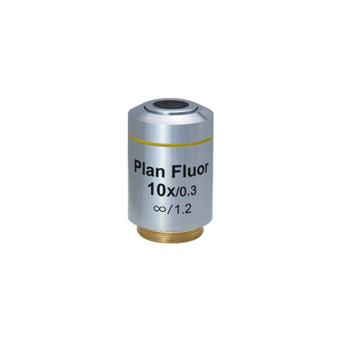 10X Infinity-Corrected Long Working Distance Plan Fluor Apochromatic Microscope Objective Lens Working Distance 8.31mm, SKU FM06023341, three quarter front view