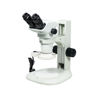 6.7-45X Track Stand Fluorescence Light Binocular Zoom Stereo Microscope, SKU SZ02060025, three quarter front view