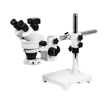 3.5X-45X Widefield Zoom Stereo Microscope, Trinocular, Single Arm Boom Stand with Arbor, LED Light + 5M CMOS Digital Camera, SKU SZ02010433, three quarter front view