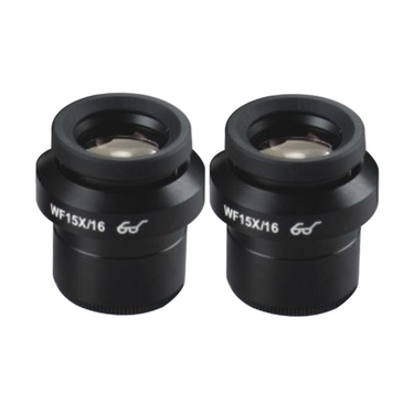 WF 15X Widefield Focusable Microscope Eyepieces, High Eyepoint, 30mm, FOV 16mm, Adjustable Diopter (Pair), SKU SZ05023421, three quarter front view