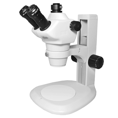 8X-50X Widefield Zoom Stereo Microscope, Trinocular, Track Stand (Track Length 280mm) Fan Shaped Base, SKU SZ17010141, three quarter front view