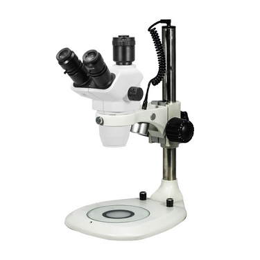 6.7-45X Post Stand LED Dual Illuminated Light Trinocular Zoom Stereo Microscope, SKU SZ02060291, three quarter front view