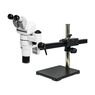 8-65X Ball Bearing Boom Stand Trinocular Parallel Zoom Stereo Microscope, SKU PZ02140132, three quarter front view