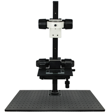 Track Length 720mm Focus Distance 261mm Upper Stage XY Travel Distance 76x50mm 76mm XY Stage Track Stand, SKU ST02111402, three quarter front view