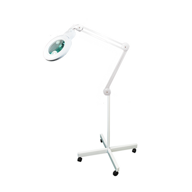 8 Diopter (3X) LED Magnifying Lamp with Rolling Floor Stand – 5-inch Glass Lens (Removable), SKU MG16324131, three quarter front view