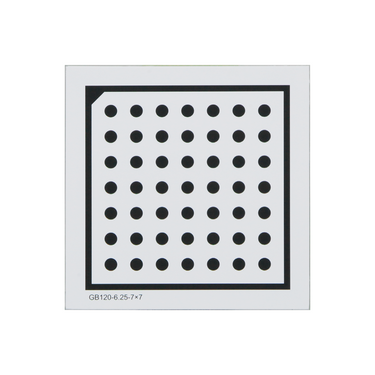 Manufacturing Precision ±10μm Glass Dot Calibration Target compatible with Halcon (120x120mm 7x7), SKU CT20010101, three quarter front view