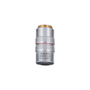Objective Working Distance 34mm 5X Infinity-Corrected Super-Long Working Distance Plan Apochromatic Objective, SKU MT50013241, three quarter front view