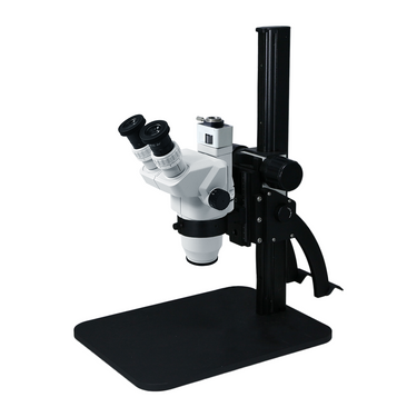 6.7-45X Curved Arm Stand Trinocular Zoom Stereo Microscope, SKU SZ02020133, three quarter front view