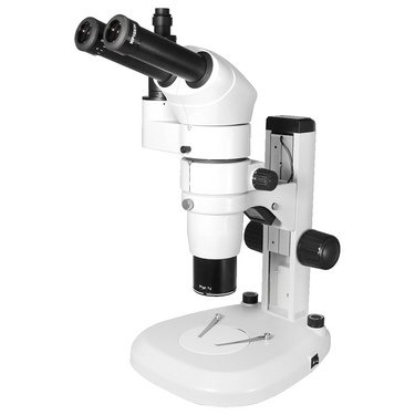 8-65X Track Stand LED Dual Illuminated Light Trinocular Parallel Zoom Stereo Microscope, SKU PZ04010334, three quarter front view