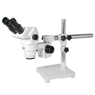 6.5X-45X Super Widefield Zoom Stereo Microscope, Binocular, Single Arm Boom Stand with Arbor, SKU SZ02020465, three quarter front view