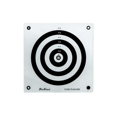 Glass Concentric Circle Calibration Target (76x76mm), SKU CT20040101, three quarter front view