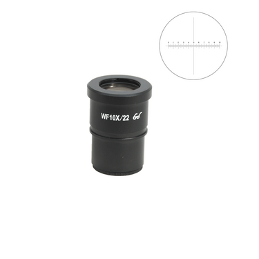 WF 10X Widefield Microscope Eyepiece with Reticle, X-Axis Crosshair, High Eyepoint, 30mm, FOV 22mm, 10mm/100 Div (One), SKU SZ05013231, three quarter front view