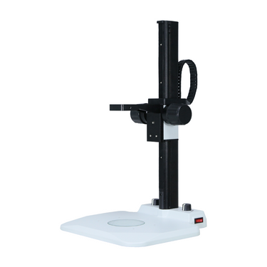 Microscope Track Stand, 39mm Coarse Focus Rack, LED Bottom Light Base (Dimmable), SKU ST02031401, three quarter front view