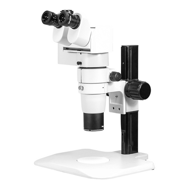 8-50X Track Stand Trinocular Parallel Zoom Stereo Microscope, SKU PZ02020234, three quarter front view