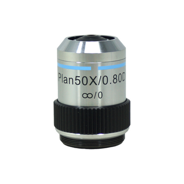 Objective Working Distance 1.06mm 50X Infinity Long Working Distance Plan Achromatic Dark Field Metallurgical Objective, SKU MT04073632, three quarter front view