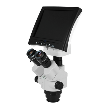 4:3 7-45X Zoom Ratio 1:6.4 Eyepiece Field of View Dia. 20mm Objective Working Distance 100mm 8″ Video Microscope Body, SKU MV05021101, three quarter front view
