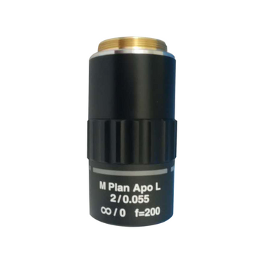 2X Infinity-Corrected Long Working Distance (M Plan Apo L) Apochromatic Metallurgical Microscope Objective Lens Working Distance 34.6mm with Black Finish, SKU MT06033141, three quarter front view