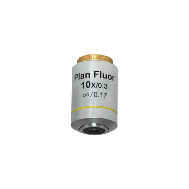 10X Infinity-Corrected Plan Fluor Semi-Apochromatic Microscope Objective Lens Working Distance 10.6mm, SKU FM05103351, three quarter front view