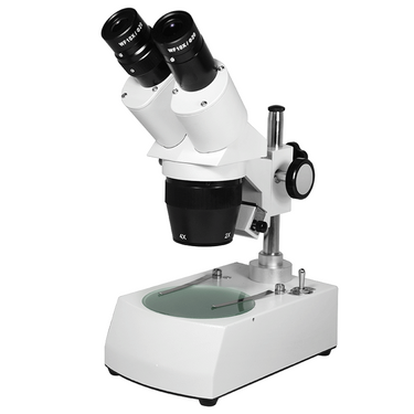 20X/40X Widefield Stereo Microscope, Binocular, Post Stand, Halogen Top and Bottom Light, Bright Field (360° Rotatable Head), SKU FS12120325, three quarter front view