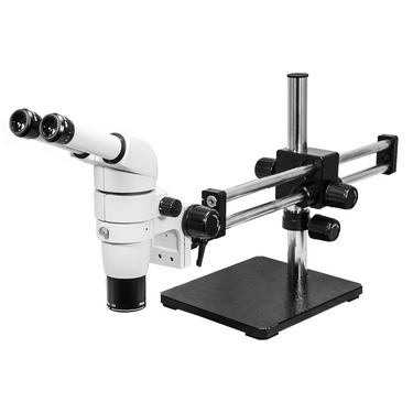 8-65X Dual Arm Stand Binocular Parallel Zoom Stereo Microscope, SKU PZ02150121, three quarter front view