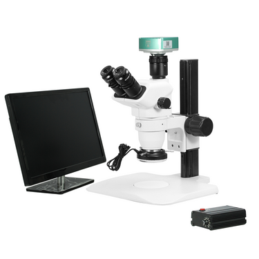 2.0 Megapixels 6.7-45X CMOS LED Light Track Stand Trinocular Zoom Stereo Microscope, SKU SZ02060033, three quarter front view