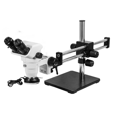 6.7-45X LED Light Dual Arm Stand Binocular Zoom Stereo Microscope, SKU SZ02060522, three quarter front view