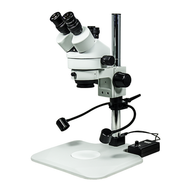 7-45X LED Light Post Stand Trinocular Zoom Stereo Microscope, SKU SZ02010251, three quarter front view