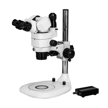 3.44X/6.25X/10.94X/18.75X/34.38X LED Light Post Stand LED Dual Illuminated Light Trinocular Parallel Multiple Power Operation Stereo Microscope, SKU SM51030231, three quarter front view