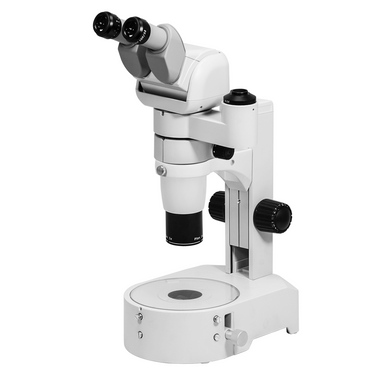8-65X Track Stand Halogen Transmitted Light Trinocular Parallel Zoom Stereo Microscope, SKU PZ17120132, three quarter front view