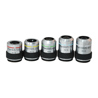 Infinity-Corrected Long Working Distance Plan Achromatic Dark Field Metallurgical Microscope Objective Lens Set 5X 10X 20X 50X 100X, SKU MT04073031, three quarter front view